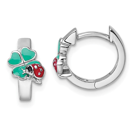QE18272 Sterling Silver Rhodium-plated Children's Green, Red and Black Enamel Ladybug 4-Leaf Clover Hinged Hoop Earrings