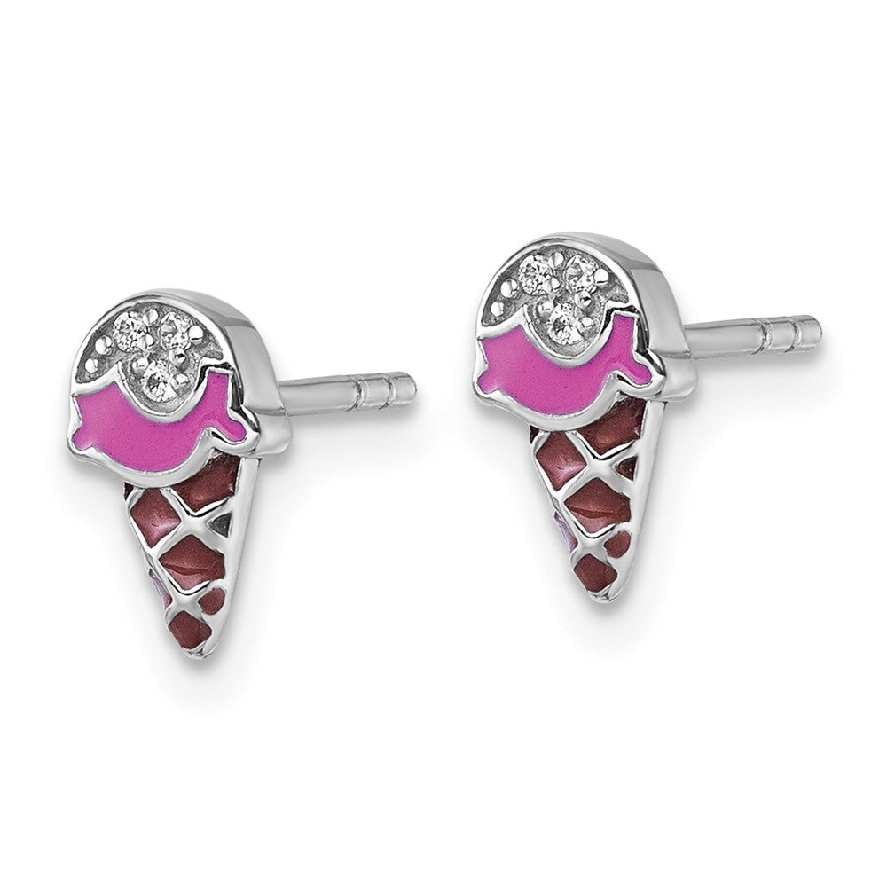 QE18274 Sterling Silver Rhodium-plated Children's Pink and Brown Enamel with CZ Ice Cream Cone Post Earrings