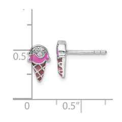 QE18274 Sterling Silver Rhodium-plated Children's Pink and Brown Enamel with CZ Ice Cream Cone Post Earrings