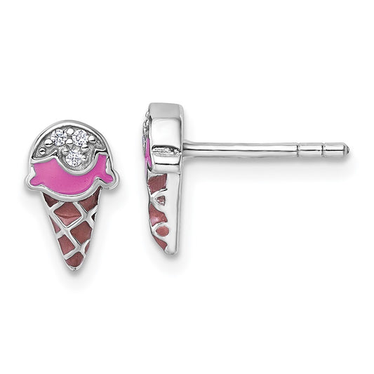 QE18274 Sterling Silver Rhodium-plated Children's Pink and Brown Enamel with CZ Ice Cream Cone Post Earrings