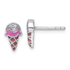 QE18274 Sterling Silver Rhodium-plated Children's Pink and Brown Enamel with CZ Ice Cream Cone Post Earrings