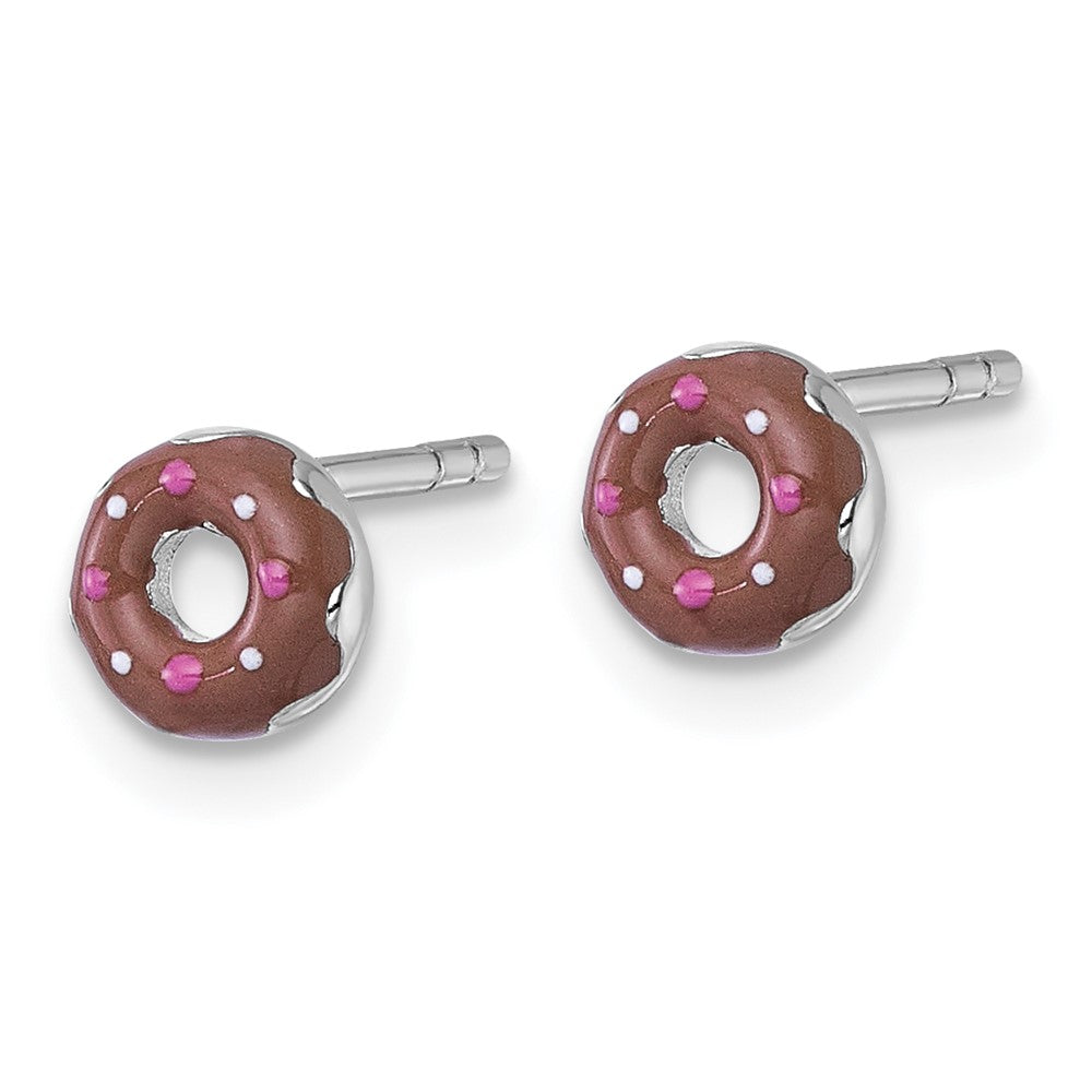 QE18275 Sterling Silver Rhodium-plated Children's Brown with Pink and White Enamel Sprinkled Donut Post Earrings