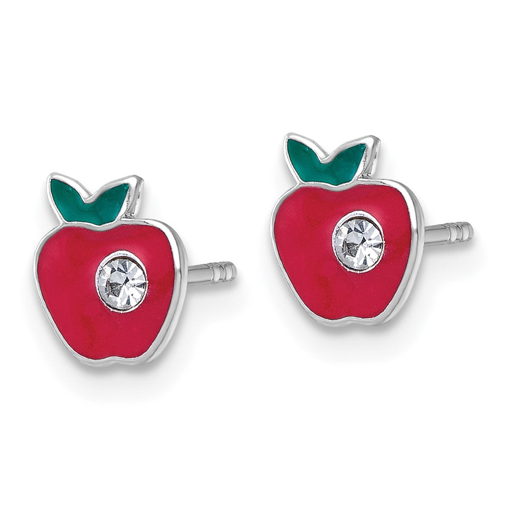 QE18276 Sterling Silver Madi K Rhodium-plated Enameled Red Apple with Crystal Childrens Post Earrings