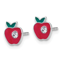 QE18276 Sterling Silver Madi K Rhodium-plated Enameled Red Apple with Crystal Childrens Post Earrings