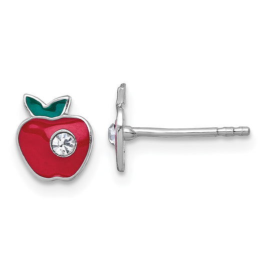 QE18276 Sterling Silver Madi K Rhodium-plated Enameled Red Apple with Crystal Childrens Post Earrings