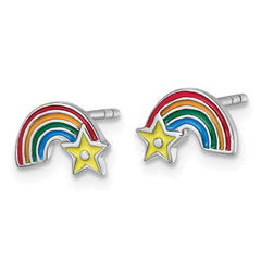 QE18277 Sterling Silver Rhodium-plated Children's Multicolor Enamel Rainbow with Star Post Earrings