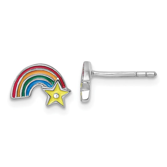 QE18277 Sterling Silver Rhodium-plated Children's Multicolor Enamel Rainbow with Star Post Earrings