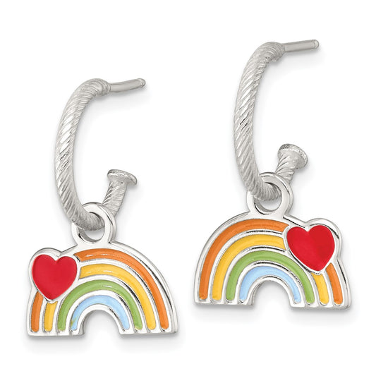 QE18278 Sterling Silver Polished Grooved Enameled Heart on Rainbow Dangle Childrens C-Hoop Post Earrings