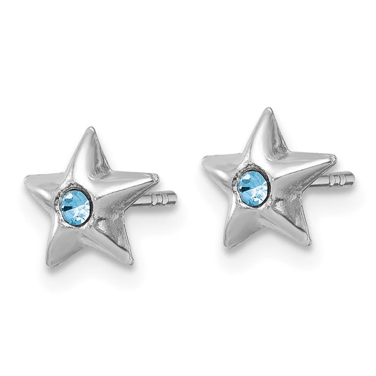 QE18279 Sterling Silver Madi K Rhodium-plated Polished Blue Crystal Center Star Childrens Post Earrings