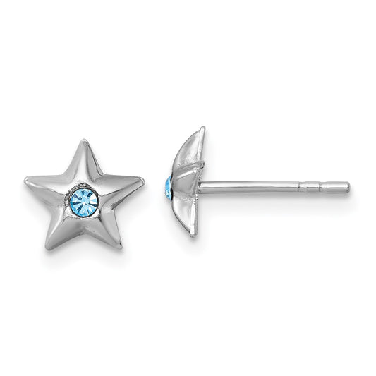 QE18279 Sterling Silver Madi K Rhodium-plated Polished Blue Crystal Center Star Childrens Post Earrings