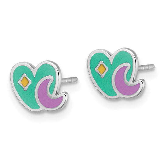 QE18280 Sterling Silver Rhodium-plated Polished Green/Pink/Yellow Enamel Heart And Moon Childrens Post Earrings