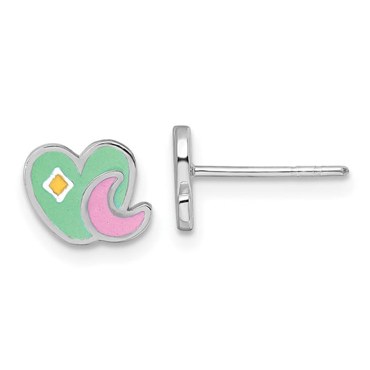 QE18280 Sterling Silver Rhodium-plated Polished Green/Pink/Yellow Enamel Heart And Moon Childrens Post Earrings