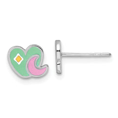 QE18280 Sterling Silver Rhodium-plated Polished Green/Pink/Yellow Enamel Heart And Moon Childrens Post Earrings