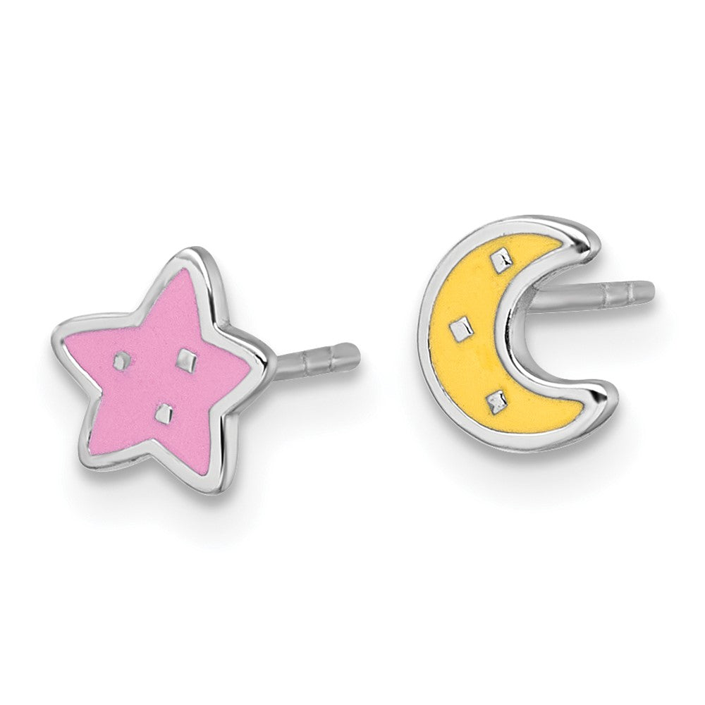 QE18281 Sterling Silver Rhodium-plated Polished Pink and Yellow Enamel Moon and Star Mismatched Childrens Post Earrings