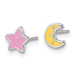 QE18281 Sterling Silver Rhodium-plated Polished Pink and Yellow Enamel Moon and Star Mismatched Childrens Post Earrings