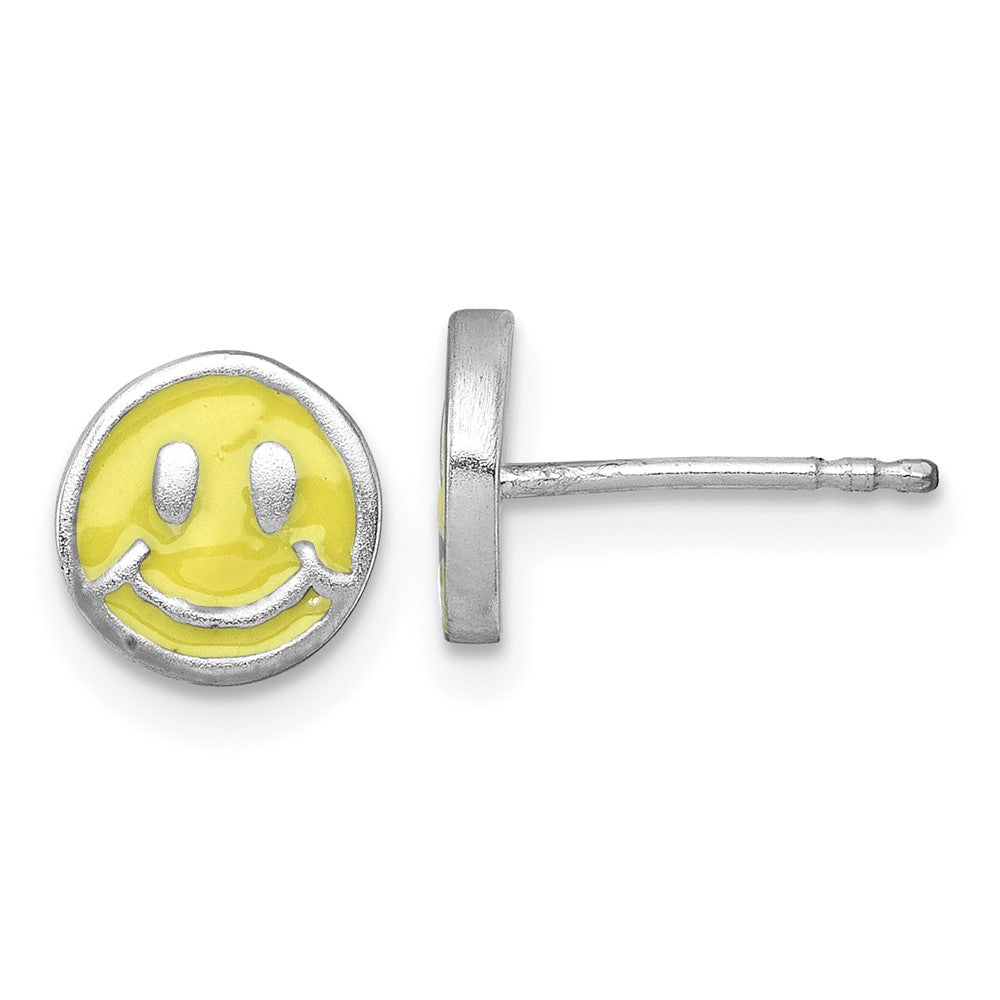 QE18282 Sterling Silver Madi K Rhodium-plated Enameled Yellow Smiley Face Childrens Post Earrings