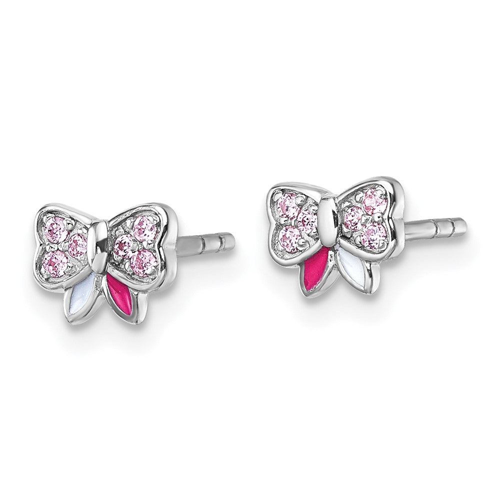 QE18283 Sterling Silver Rhodium-plated Children's Pink CZ with Pink and White Enamel Bow Post Earrings