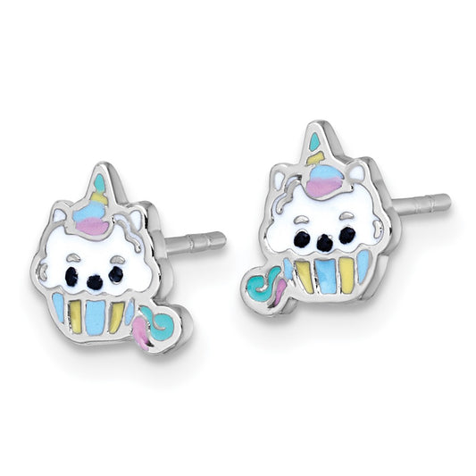 QE18284 Sterling Silver Rhodium-plated Polished White and Rainbow Enamel Unicorn Cupcake Childrens Post Earrings