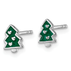 QE18285 Sterling Silver Rhodium-plated Children's Green Enamel Christmas Tree with Hearts Post Earrings