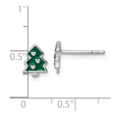 QE18285 Sterling Silver Rhodium-plated Children's Green Enamel Christmas Tree with Hearts Post Earrings