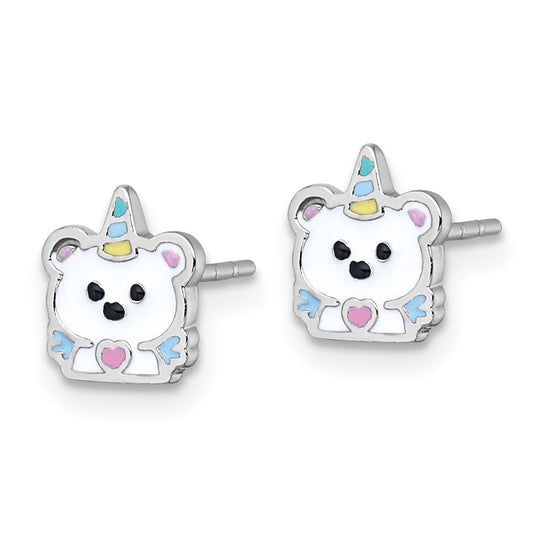 QE18286 Sterling Silver Rhodium-plated Polished White and Rainbow Enamel Unicorn Polar Bear Childrens Post Earrings
