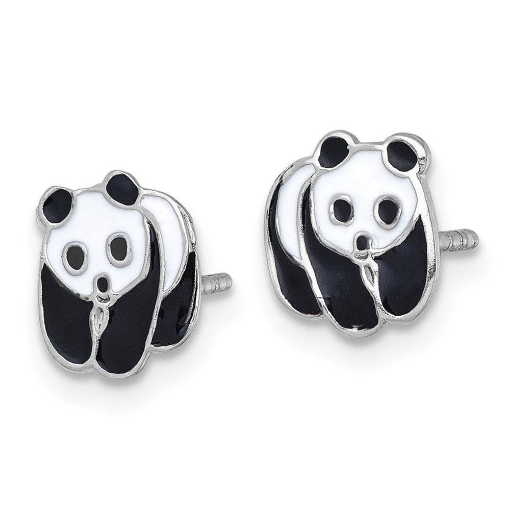 QE18287 Sterling Silver Madi K Rhodium-plated Enameled Black And White Panda Childrens Post Earrings