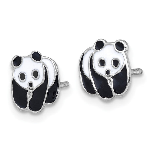 QE18287 Sterling Silver Madi K Rhodium-plated Enameled Black And White Panda Childrens Post Earrings