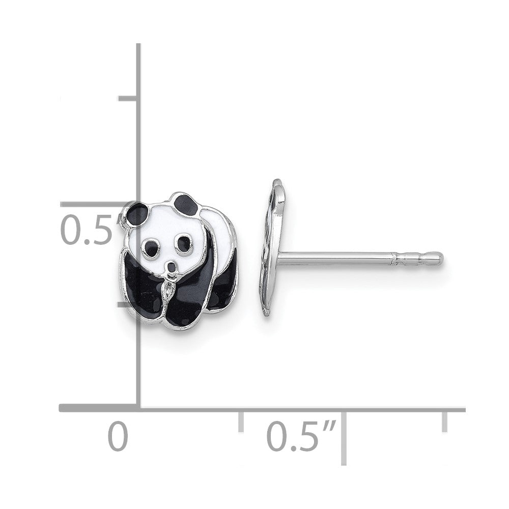 QE18287 Sterling Silver Madi K Rhodium-plated Enameled Black And White Panda Childrens Post Earrings