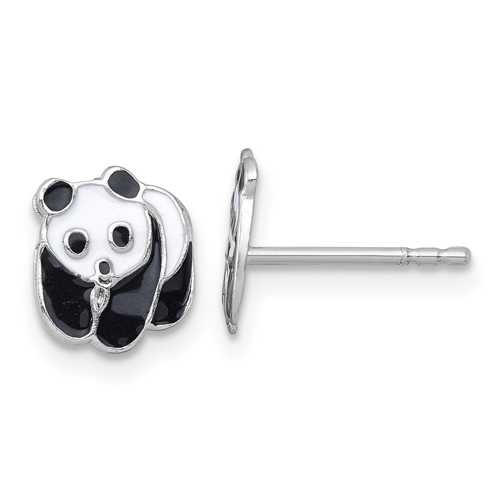 QE18287 Sterling Silver Madi K Rhodium-plated Enameled Black And White Panda Childrens Post Earrings
