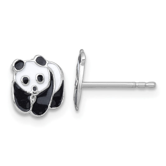 QE18287 Sterling Silver Madi K Rhodium-plated Enameled Black And White Panda Childrens Post Earrings