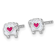 QE18288 Sterling Silver Rhodium-plated Children's White and Pink Enamel Sheep with Heart Post Earrings