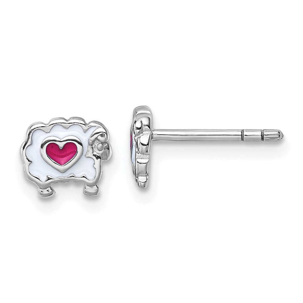 QE18288 Sterling Silver Rhodium-plated Children's White and Pink Enamel Sheep with Heart Post Earrings
