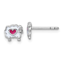 QE18288 Sterling Silver Rhodium-plated Children's White and Pink Enamel Sheep with Heart Post Earrings