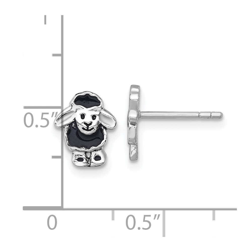 QE18290 Sterling Silver Rhodium-plated Polished with Black Enamel Sheep Post Earrings