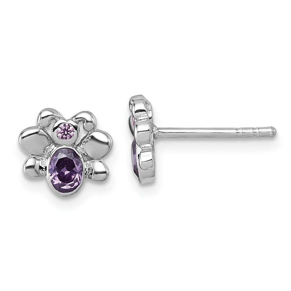QE18291 Sterling Silver Rhodium-plated Polished Pink And Purple CZ Butterfly Post Earrings