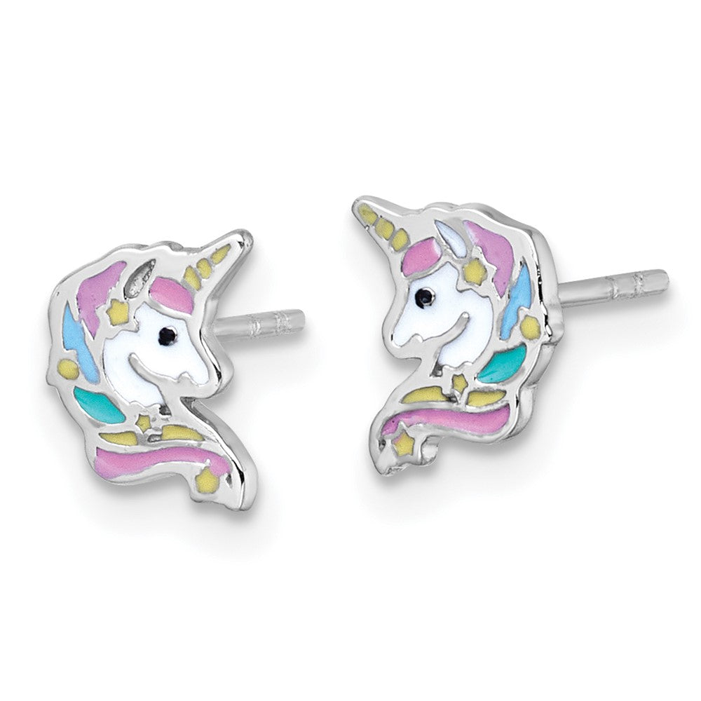 QE18292 Sterling Silver Rhodium-plated Polished White and Rainbow Enamel Unicorn Head Childrens Post Earrings