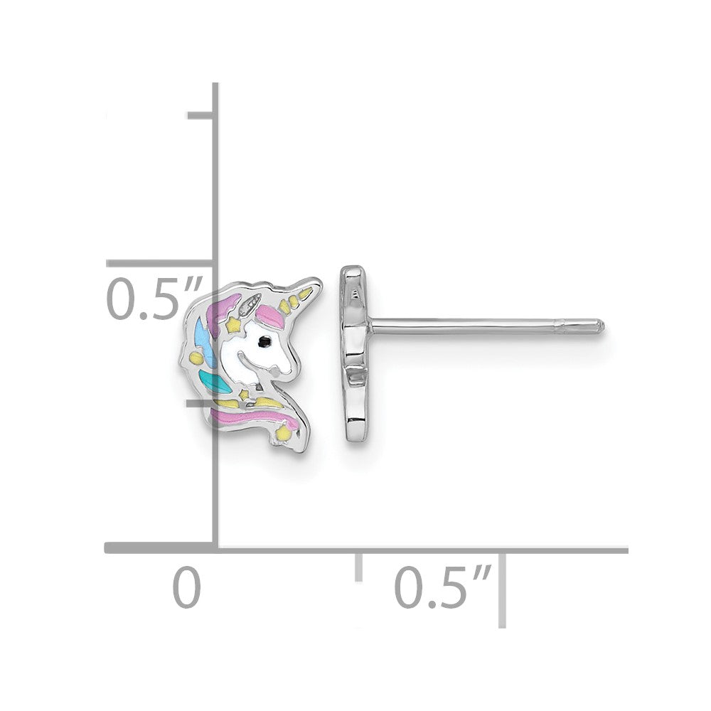 QE18292 Sterling Silver Rhodium-plated Polished White and Rainbow Enamel Unicorn Head Childrens Post Earrings
