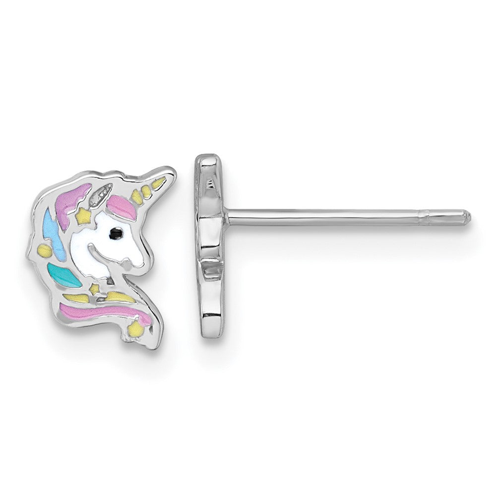 QE18292 Sterling Silver Rhodium-plated Polished White and Rainbow Enamel Unicorn Head Childrens Post Earrings