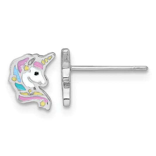 QE18292 Sterling Silver Rhodium-plated Polished White and Rainbow Enamel Unicorn Head Childrens Post Earrings
