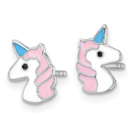 QE18293 Sterling Silver Madi K Rhodium-plated Enameled Unicorn Childrens Post Earrings
