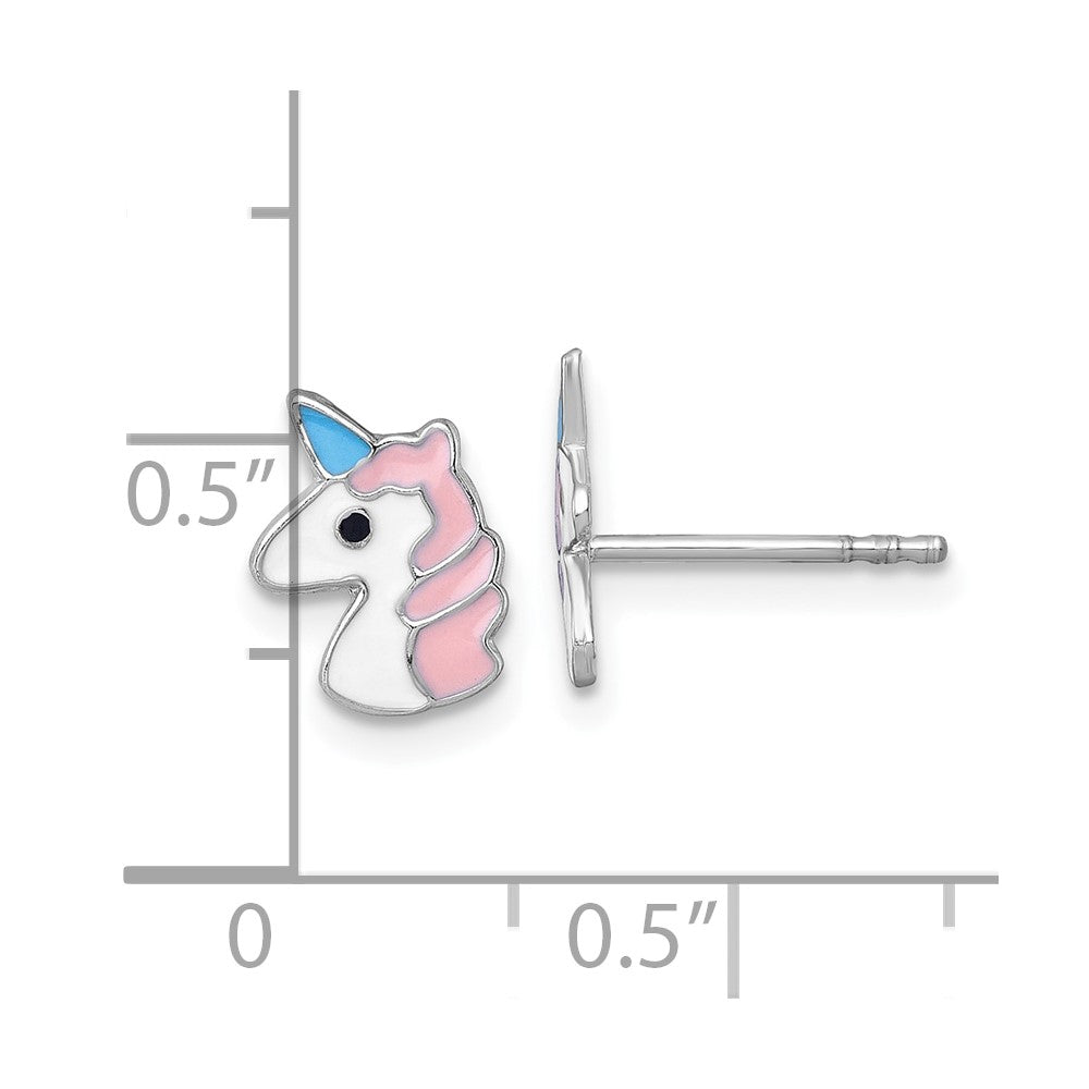 QE18293 Sterling Silver Madi K Rhodium-plated Enameled Unicorn Childrens Post Earrings