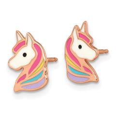 QE18294 Sterling Silver Rose-tone Polished White and Rainbow Enameled Unicorn Childrens Post Earrings