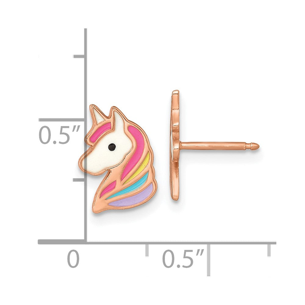 QE18294 Sterling Silver Rose-tone Polished White and Rainbow Enameled Unicorn Childrens Post Earrings