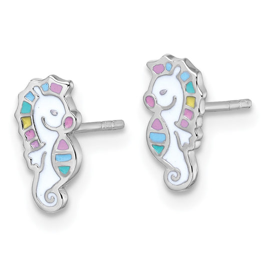 QE18295 Sterling Silver Rhodium-plated Polished White and Rainbow Enamel Seahorse Childrens Post Earrings