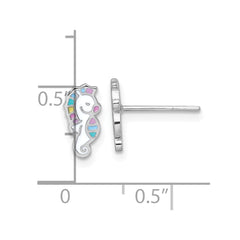 QE18295 Sterling Silver Rhodium-plated Polished White and Rainbow Enamel Seahorse Childrens Post Earrings