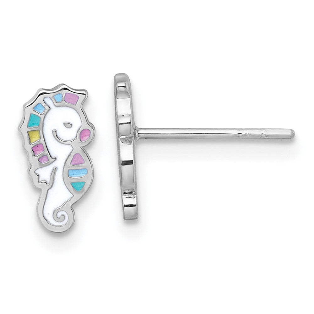 QE18295 Sterling Silver Rhodium-plated Polished White and Rainbow Enamel Seahorse Childrens Post Earrings
