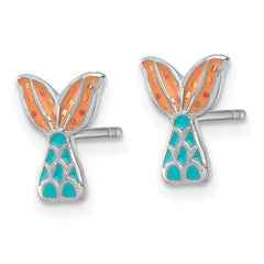 QE18297 Sterling Silver Madi K Rhodium-plated Enameled Mermaid Tail Childrens Post Earrings
