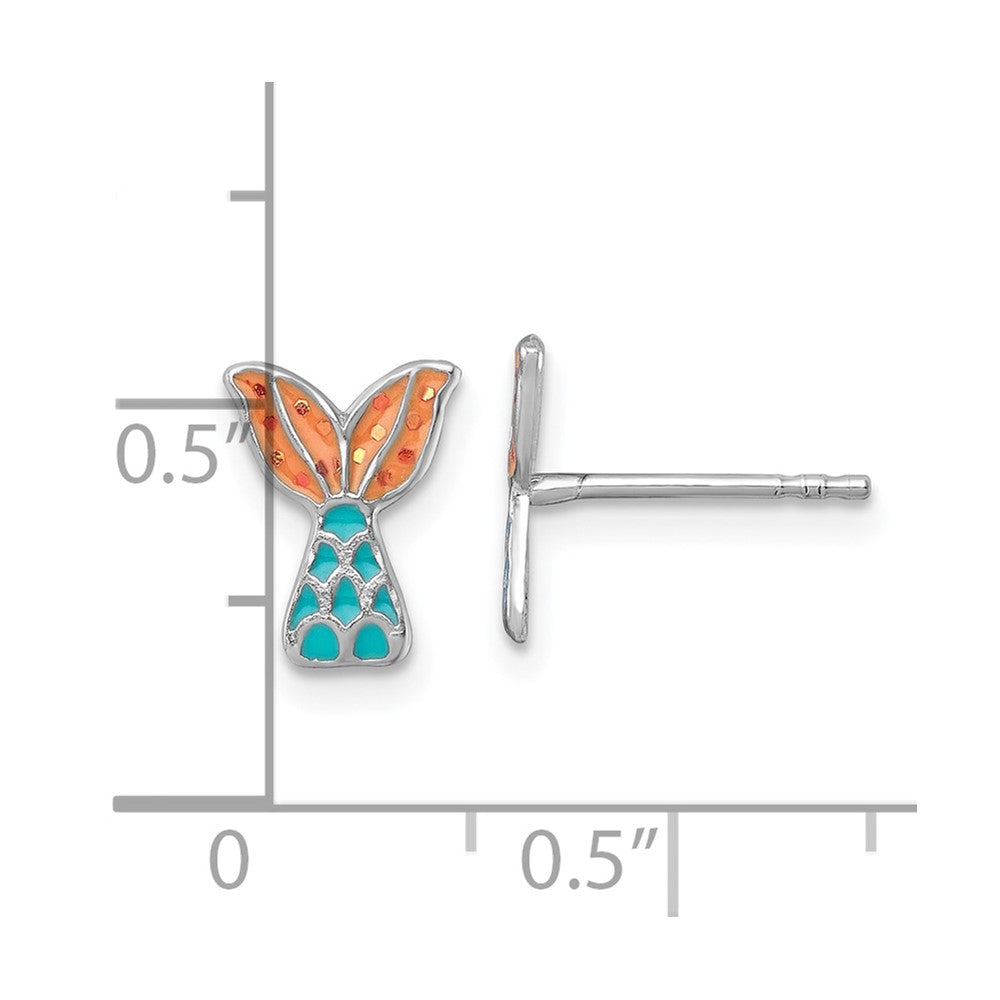 QE18297 Sterling Silver Madi K Rhodium-plated Enameled Mermaid Tail Childrens Post Earrings