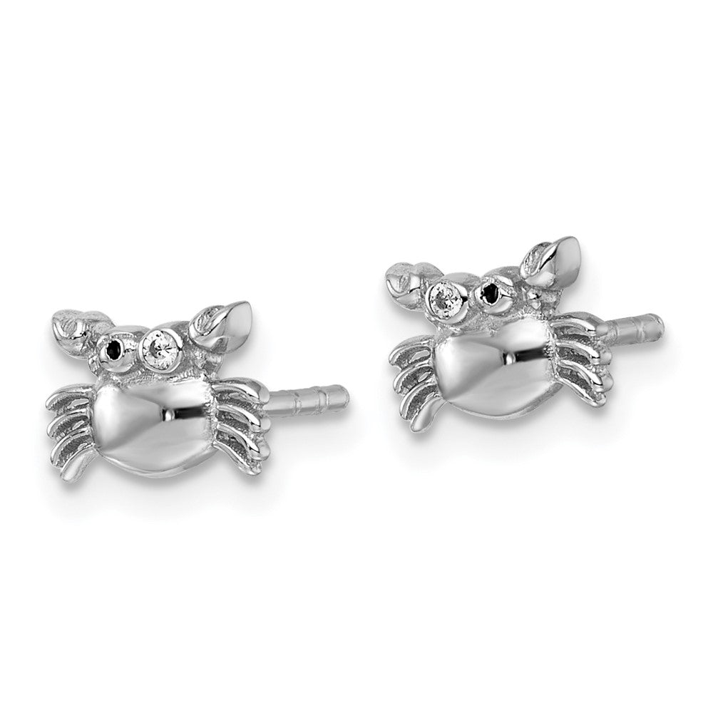 QE18298 Sterling Silver Rhodium-plated Polished Black Enamel and White CZ Crab Childrens Post Earrings