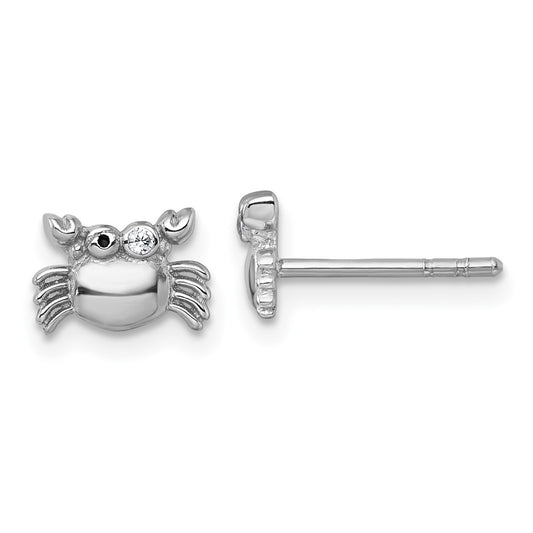 QE18298 Sterling Silver Rhodium-plated Polished Black Enamel and White CZ Crab Childrens Post Earrings
